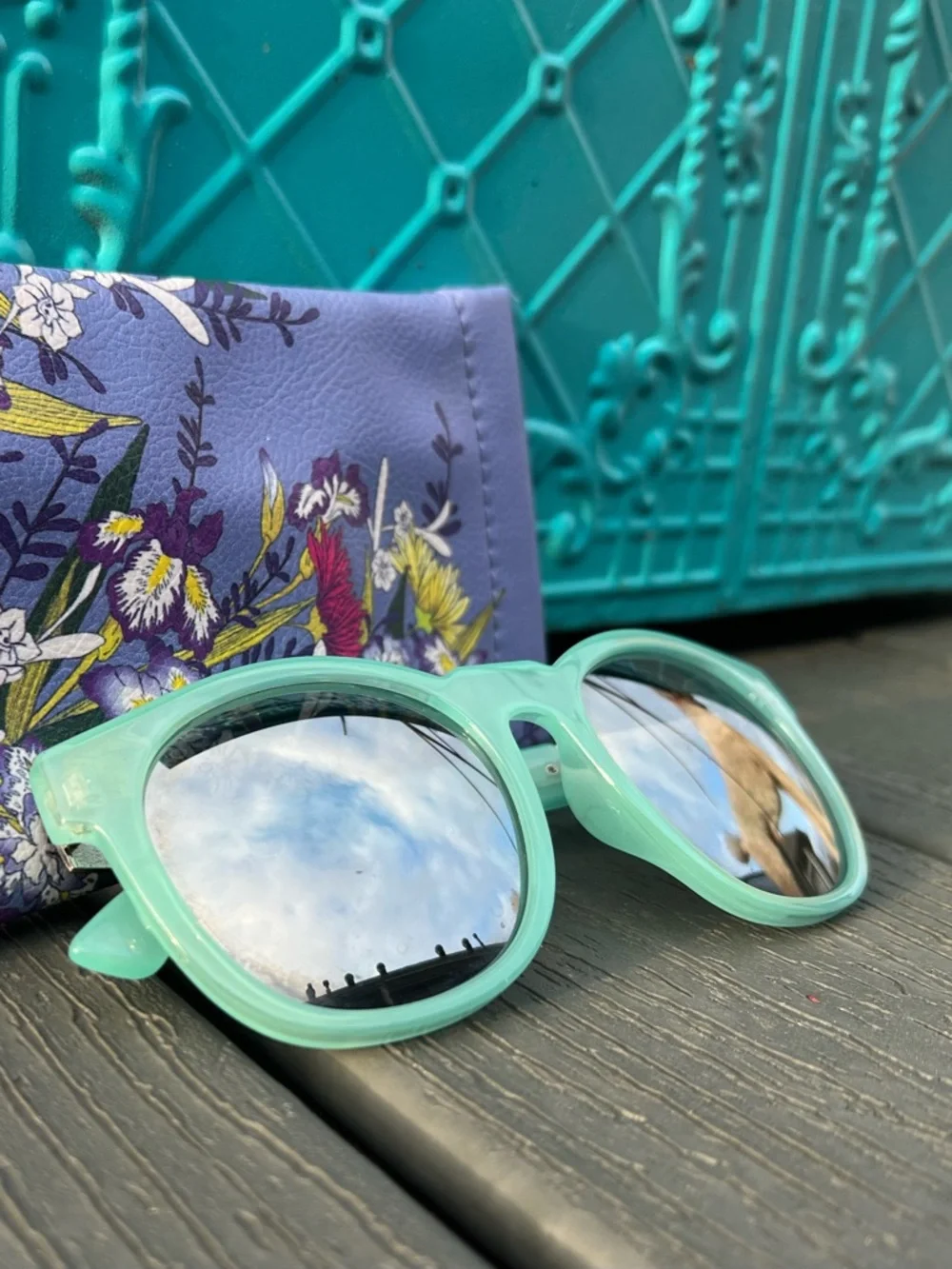 Retro Perverse Mirrored Light Blue Sunglasses w/ Floral Case UV400 Y2K